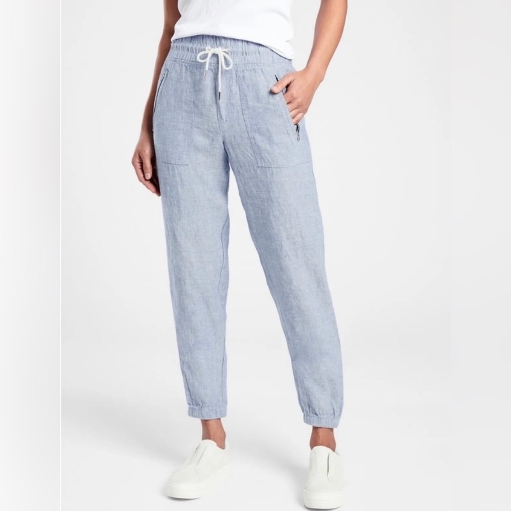 Athleta Cabo Linen Light Blue Drawstring Joggers, 12 - Picture 2 of 16